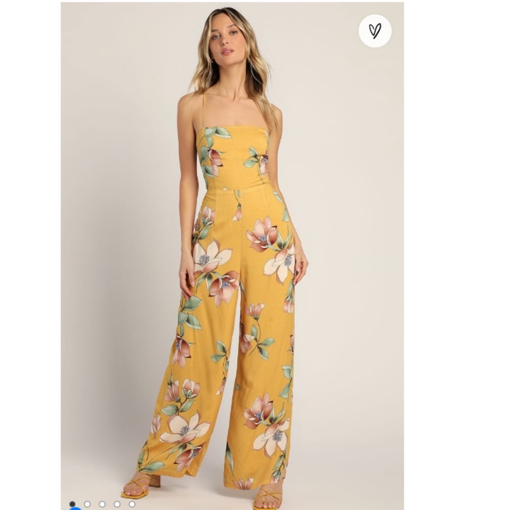 Lulu's Yellow Floral Strapless Wide-Leg Jumpsuit